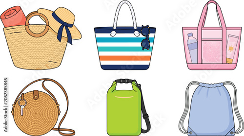 Obraz na płótnie Summer Beach Bag Vector Icon Set with Woven Straw Totes Striped Canvas Purses Cl