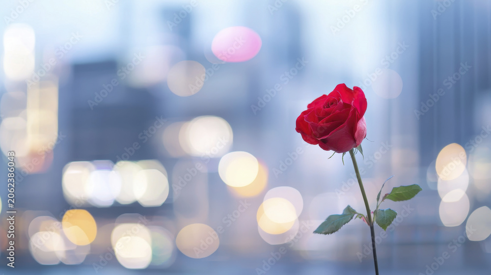 Fototapeta premium Beautiful red rose stands elegantly against blurred city background, evoking feelings of romance and tranquility