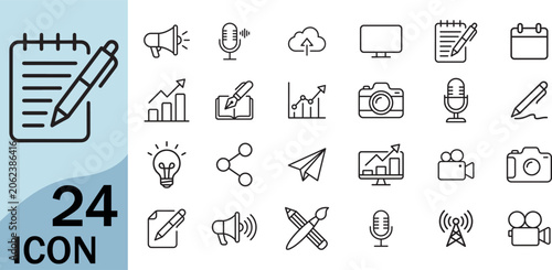 Content creation icon set line art for media