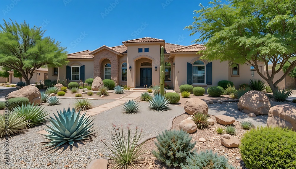 Fototapeta premium Beautiful single story house with xeriscape desert landscaping and sunny blue sky in a quiet neighborhood. arizona front yard