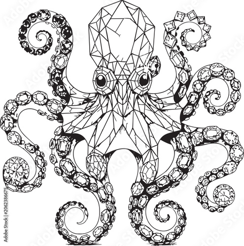 Slika na platnu Octopus rendered in geometric facets and sparkling gemstones against a stark whi