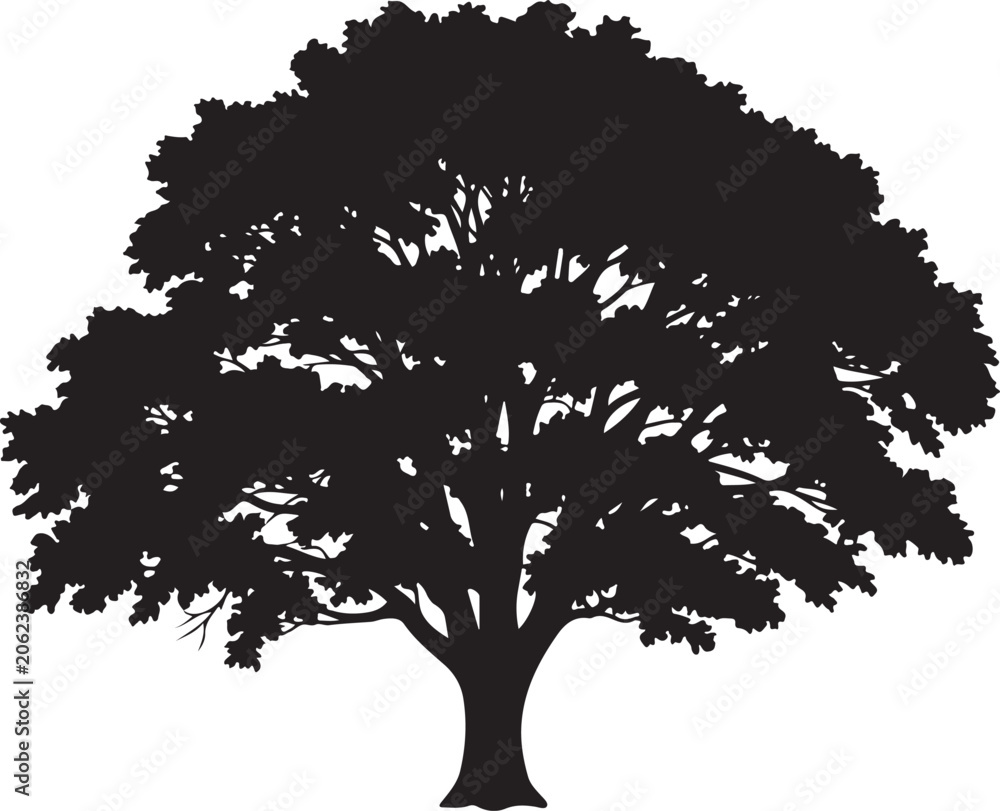 Fototapeta premium Silhouette of Large Oak Tree Against White Background Minimalist Nature Art,Generative Ai