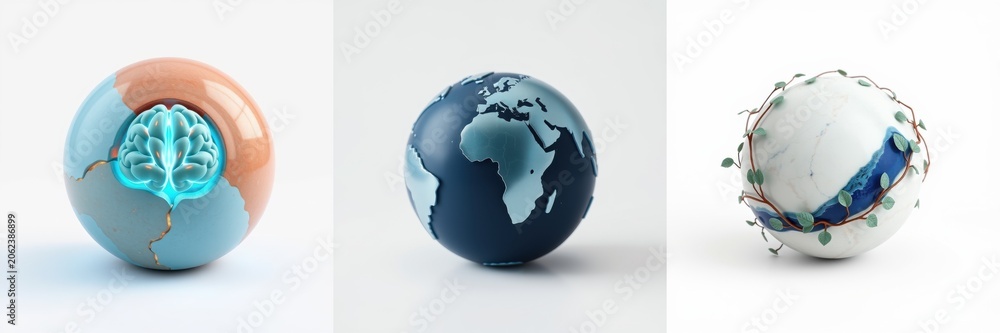 Fototapeta premium Three spherical objects represent concepts. First shows brain inside cracked globe. Second depicts earth. Third features vines around sphere.