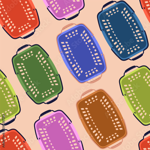 Empty shopping baskets, seamless pattern. Grocery store containers, repeating...
