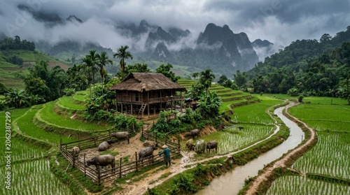 Serene Rice Fields with Traditional House and Livestock in Nature