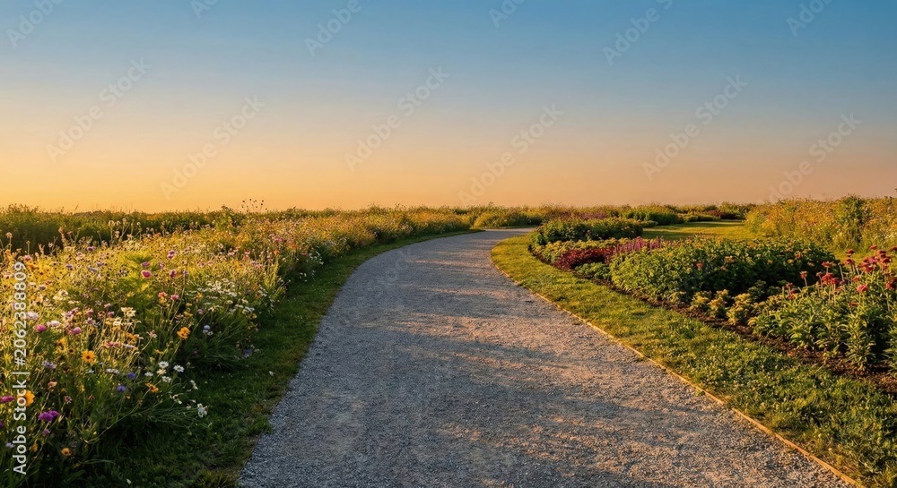 Naklejka premium Path winds through flower garden in park at sunset