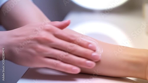 Arm Applying Cream on Forearm in Bright Bathroom