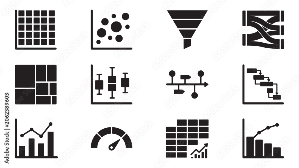 Fototapeta premium Data Visualization and Analytics Icon Set with Grid Funnel Network and Scatter Plot Symbols for Vector Illustration