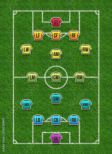Εκτύπωση καμβά Football soccer player positions chart on green grass field, tactical formation