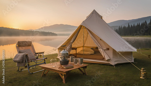 Cozy campsite setup by serene lake at sunrise with tent