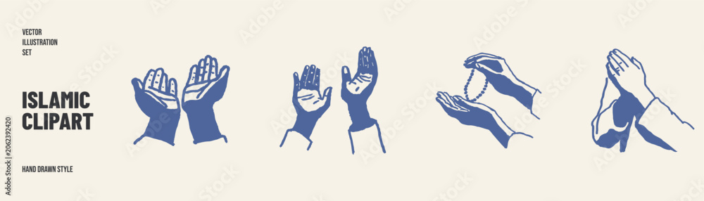 Fototapeta premium Praying hands and rosary gesture clipart with Islamic spiritual symbolism collection. Illustrations for greeting cards and faith graphics in authentic hand drawn style.