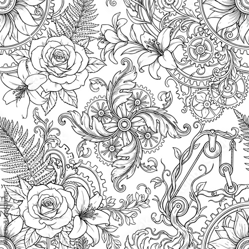 Intricate steampunk floral pattern with roses, lilies, ferns, and gears