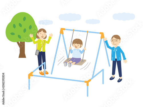 Принти на полотні 公園でブランコに乗る男の子と見守る両親・家族イラスト