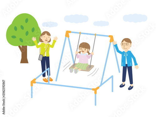 Foto 公園でブランコに乗る女の子と見守る両親・家族イラスト