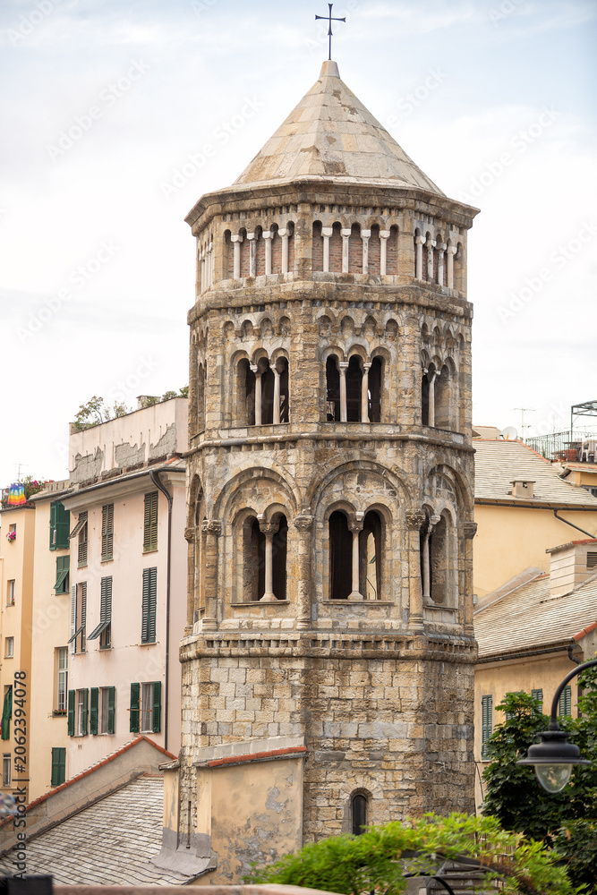 Fototapeta premium Bell tower of the historic basilica San Donato, Genoa