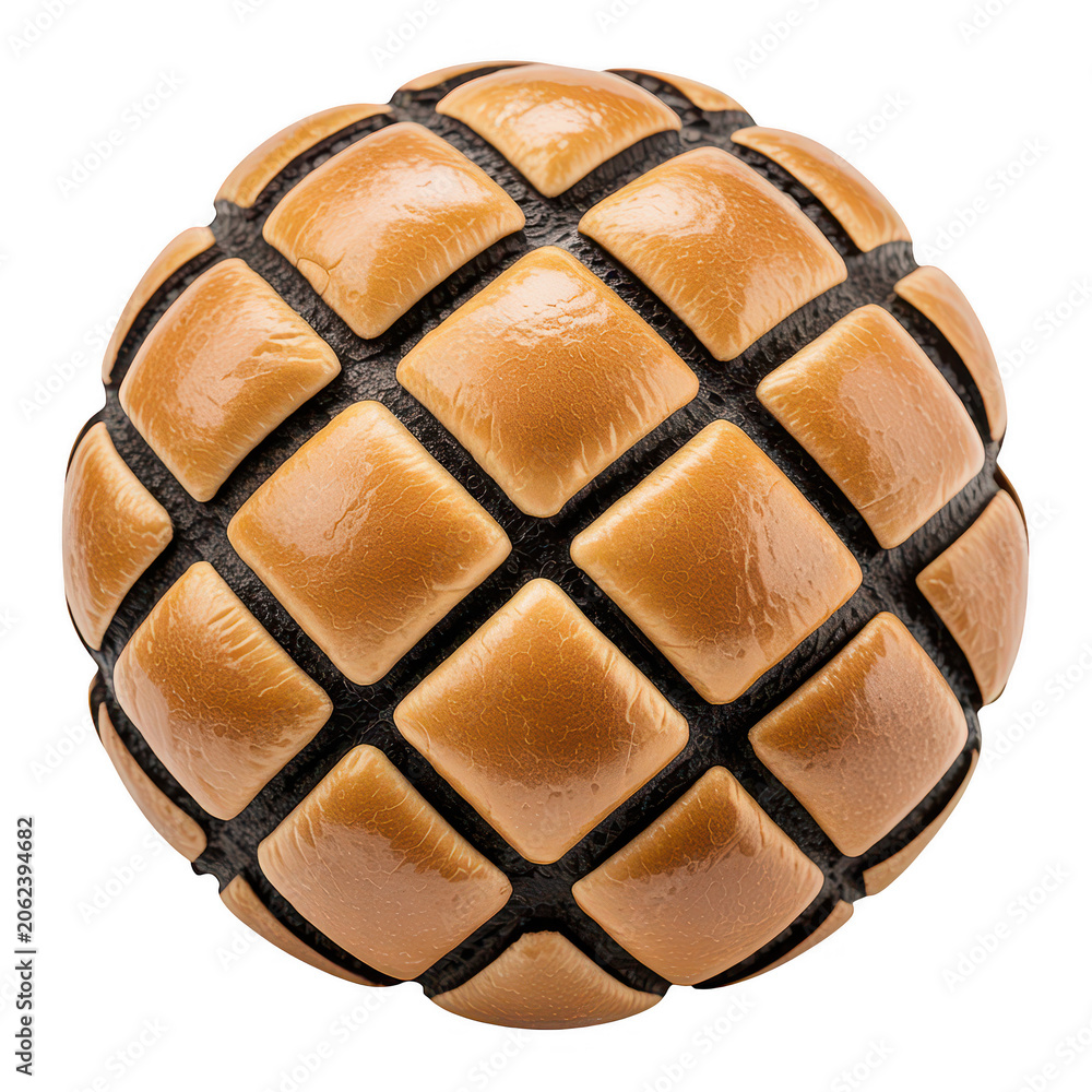 Fototapeta premium Spherical featuring a quilted pattern of tan leather squares separated by deep dark recessed grooves isolated on a transparent background