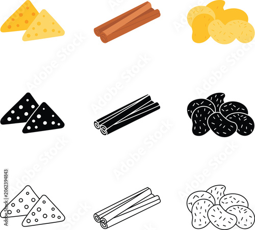 Nachos cinnamon sticks and potato chips icon set in color black outline.