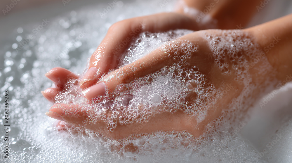 Fototapeta premium Close Up of Hands Washing with Soap Foam Hygiene and Hand Care Cleanliness Concept