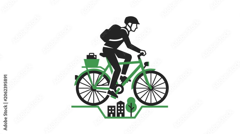Obraz premium Cyclist with backpack and briefcase rides a green bicycle through a stylized cityscape.