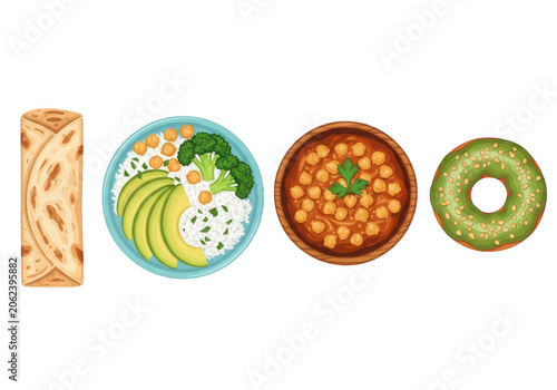 Colorful flat icons of healthy food and fruits isolated PNG isolated on transparent background