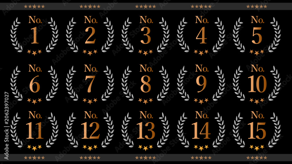 Naklejka premium 高級感のある順位ランキングアイコンセットNo.1 〜N0.15（黒背景）｜第1位 第2位 第3位 第4位 第5位 第6位 第7位 第8位 第9位 第10位 第11位 第12位 第13位 第14位 第15位 シルバー アイコン 月桂樹 フレーム：メダルセットD_26_No1-15_bk