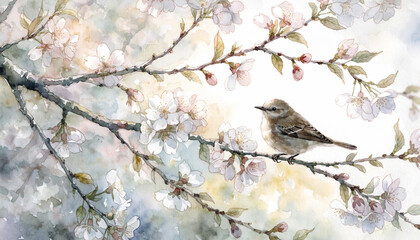 Bird on branch, cherry blossom tree, spring flowers, wildlife scene, nature photography
