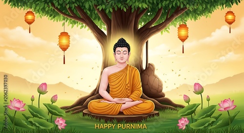 Calm Meditating Buddha Under Large Tree with Lanterns