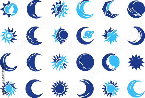 Fotografie Collection of sun and moon icons with celestial bodies light and dark phase cycle design