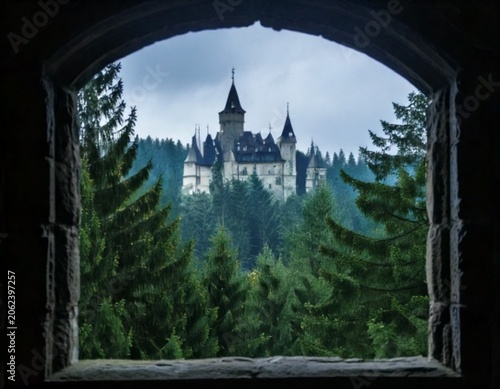 a beautiful mysterious gpthic castle seen through a window in a foggy coniferous forest