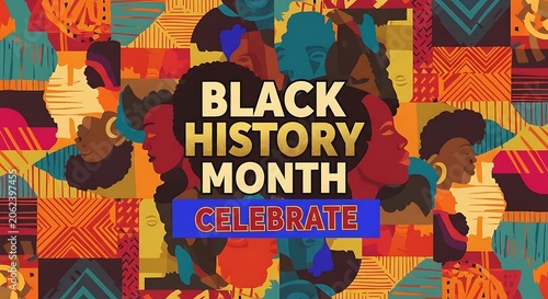 Colorful Black History Month Celebrate Banner with Portrait Collage