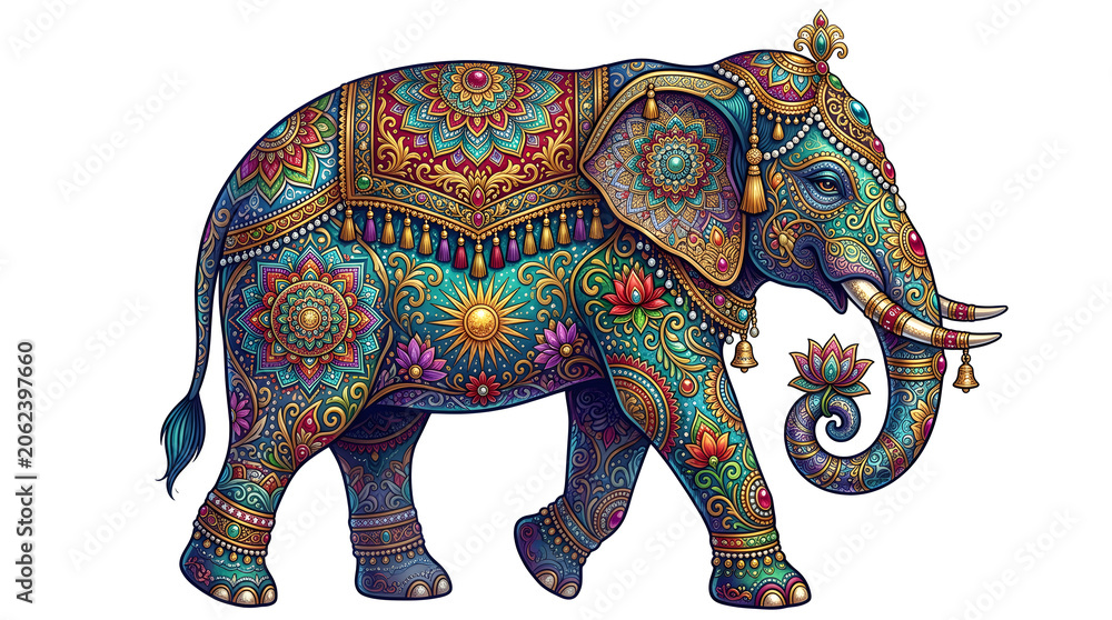 Obraz premium Regal ornamental elephant adorned with colorful mandala patterns, jewelry and lotus motifs, vibrant festival illustration inspired by Indian art, culture and spirituality