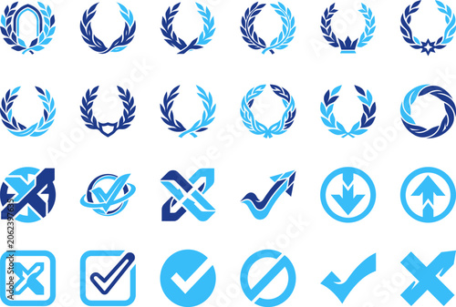Set of laurel wreath icons and arrow symbols for achievement awards and direction signs.