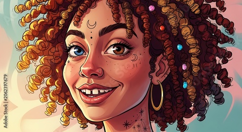 Colorful Braided Hair Woman with Freckles and Hoop Earring