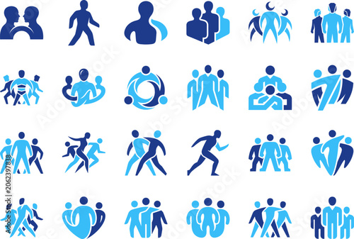 Human team silhouette icons blue group people unity collaboration and community vector set.