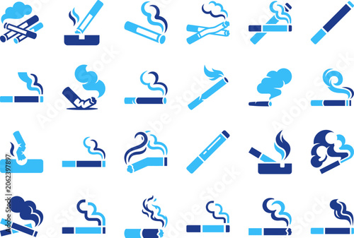 Set of blue and white cigarette and smoke icons isolated on a white background.