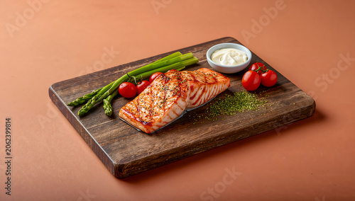 Rustic Salmon Fillet with Herb Butter and Vegetables on Orange Background in Elegant BBQ Braai Scene