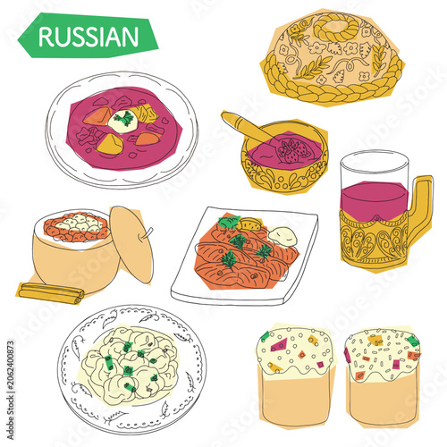 Bild auf Leinwand ロシアの伝統料理セットイラスト｜観光 食文化 広告素材　コラージュ