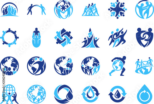 Tableau sur toile Abstract icons featuring people earth globes and water droplets for corporate identity