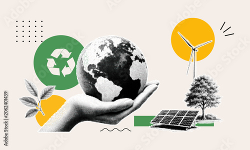 Sustainability collage with Earth in hand, recycling symbol, wind turbine, solar panel and tree. Modern halftone eco concept illustrating renewable energy and environmental protection.