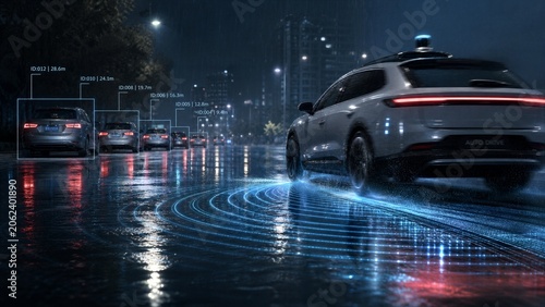 Autonomous vehicle navigating a futuristic city at night. The car is equipped with advanced sensors and AI, detecting other vehicles and road conditions.