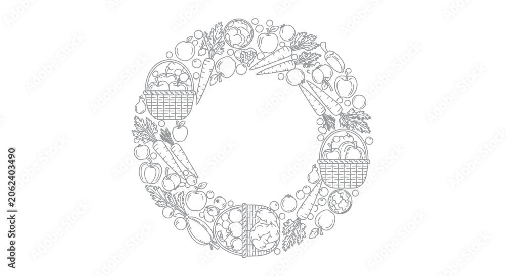 Fototapeta premium Fresh Produce Harvest Wreath Vector Illustration
