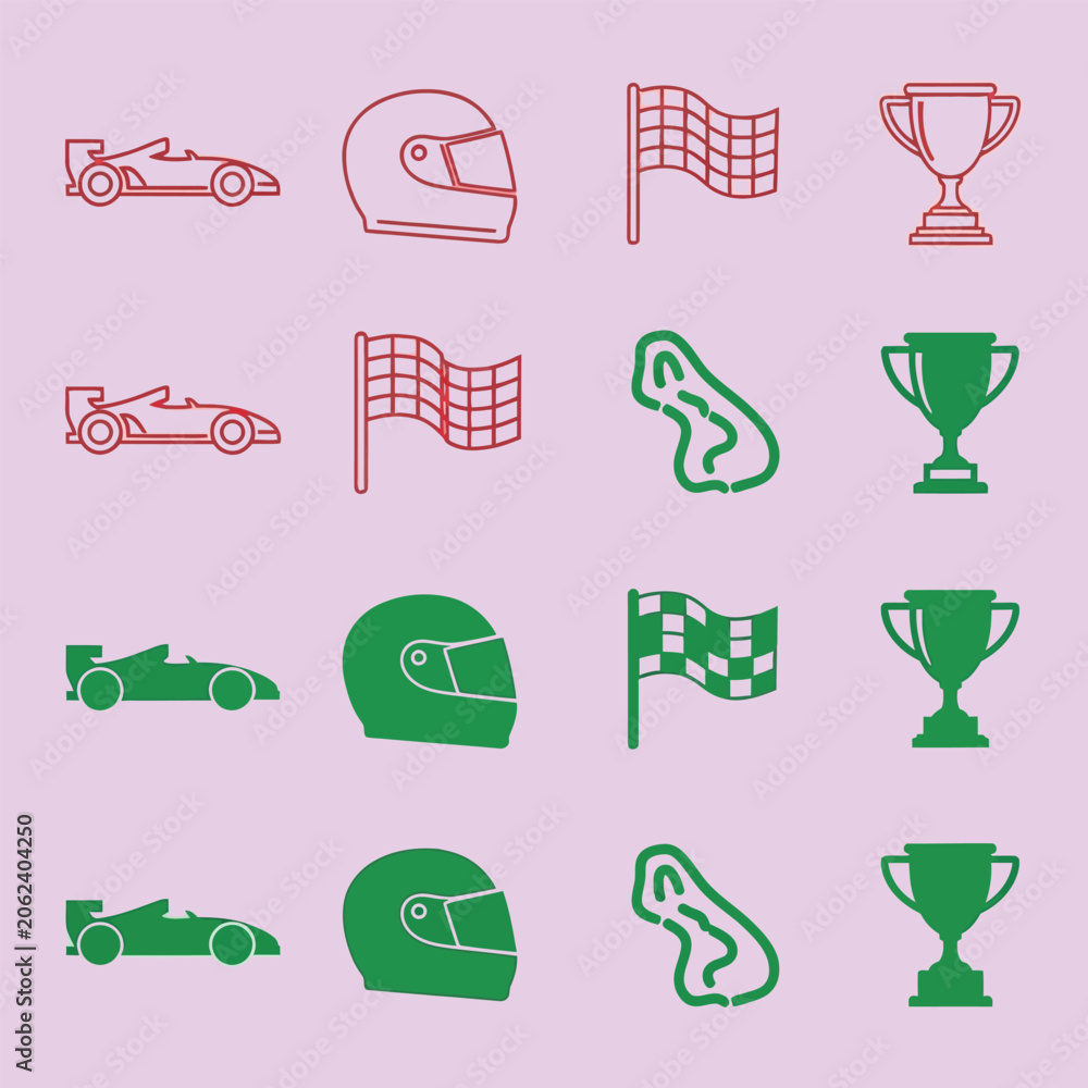 Naklejka premium A collection of racing-themed featuring formula 1 cars, driver helmets, checkered flags, race tracks, and winner trophies in red and green line and solid styles on a light purple background