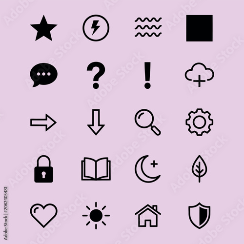 A collection of twenty diverse black arranged in a grid on a soft pastel purple background, representing various common digital interface symbols and universal