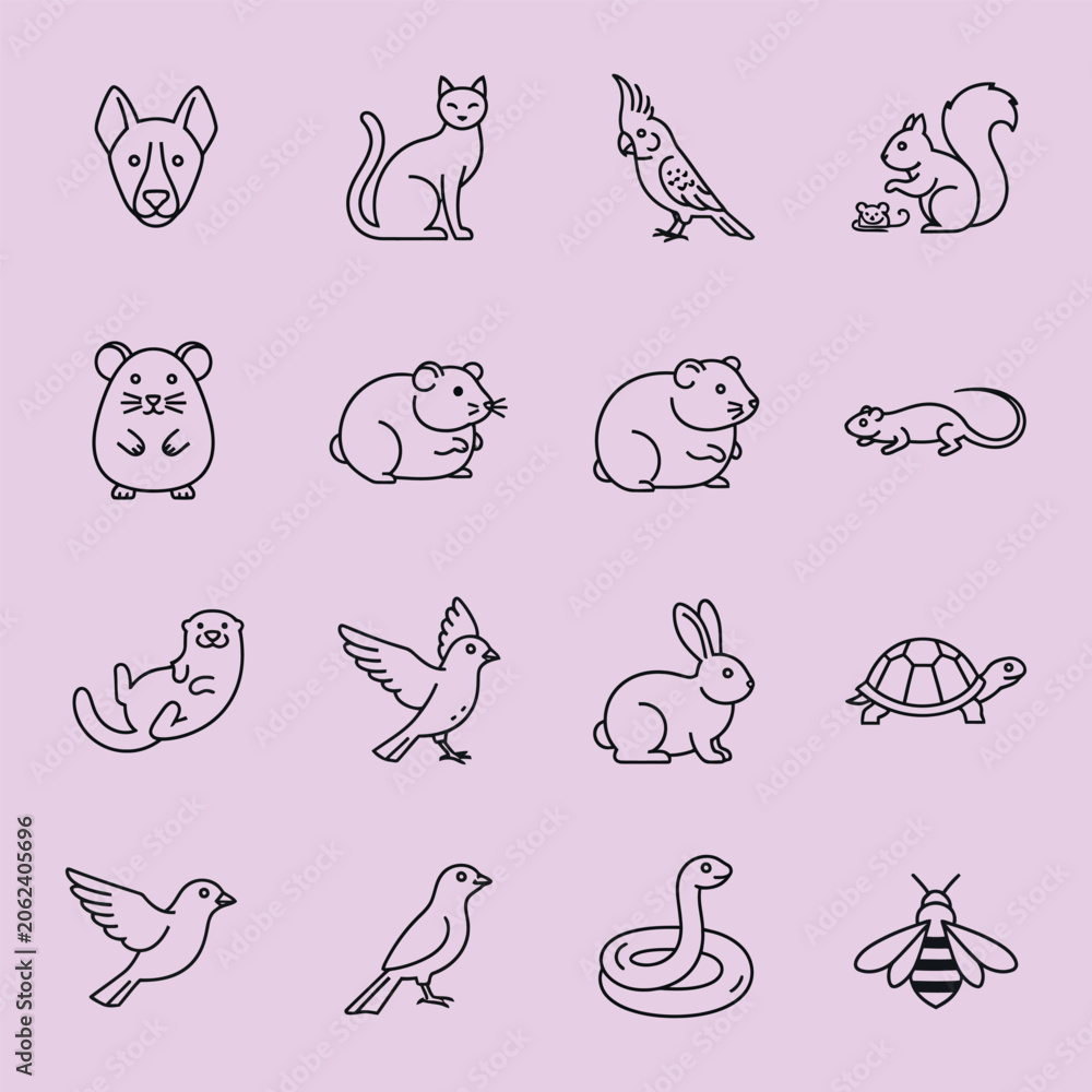 Fototapeta premium A collection of various animal featuring a dog, cat, bird, squirrel, hamster, rabbit, turtle, snake, and bee, presented in a clean, minimalist line style on a soft purple background