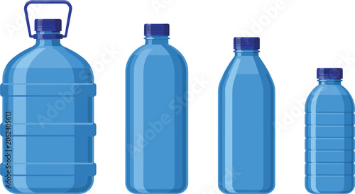 Schilderij op canvas Plastic water bottle collection featuring reusable drinking containers in flat v