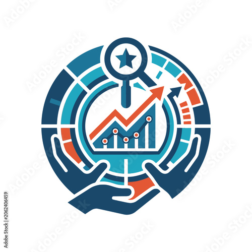 A circular graphic showing business growth and data analysis icons