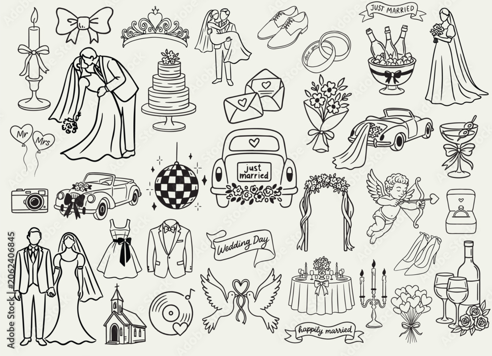 Fototapeta premium Hand Drawn Whimsical Wedding Illustration Icons Bundle – Romantic Wedding Doodle Collection with Bride, Groom, Floral Elements, Celebration Symbols and Decorative Clipart