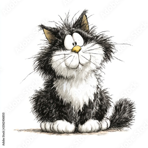 Fluffy Black And White Cat With Wide Eyes And Yellow Nose Sitting On White Background
