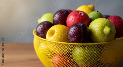Fresh fruit in a yellow colander on a wooden table