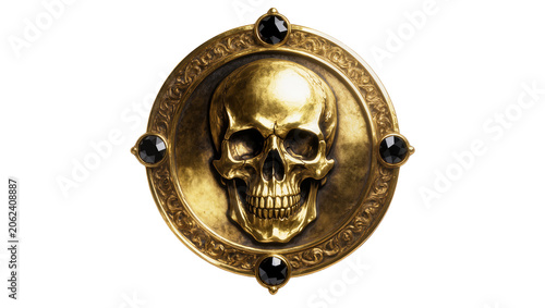 фотографія Ornate golden skull medallion with black gems, isolated on transparent backgroun